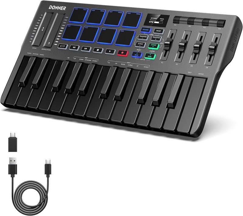Donner USB-C MIDI Keyboard Controller, 25 Key Portable Mini MIDI Keyboard with 8 Drum Pads, OLED Display, 16 Smart Scales, Arpeggio, Replay, 4 DAW Software and 40 Teaching Courses, DMK 25 Pro Black - Image 1